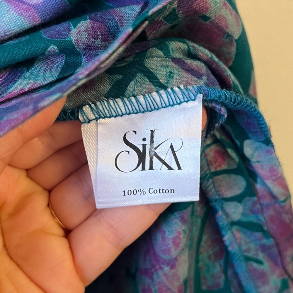 Sika Traci Smocked Maxi Dress 6 Leaf Print Tropical Resort Vacation Cotton Teal - Picture 13 of 16